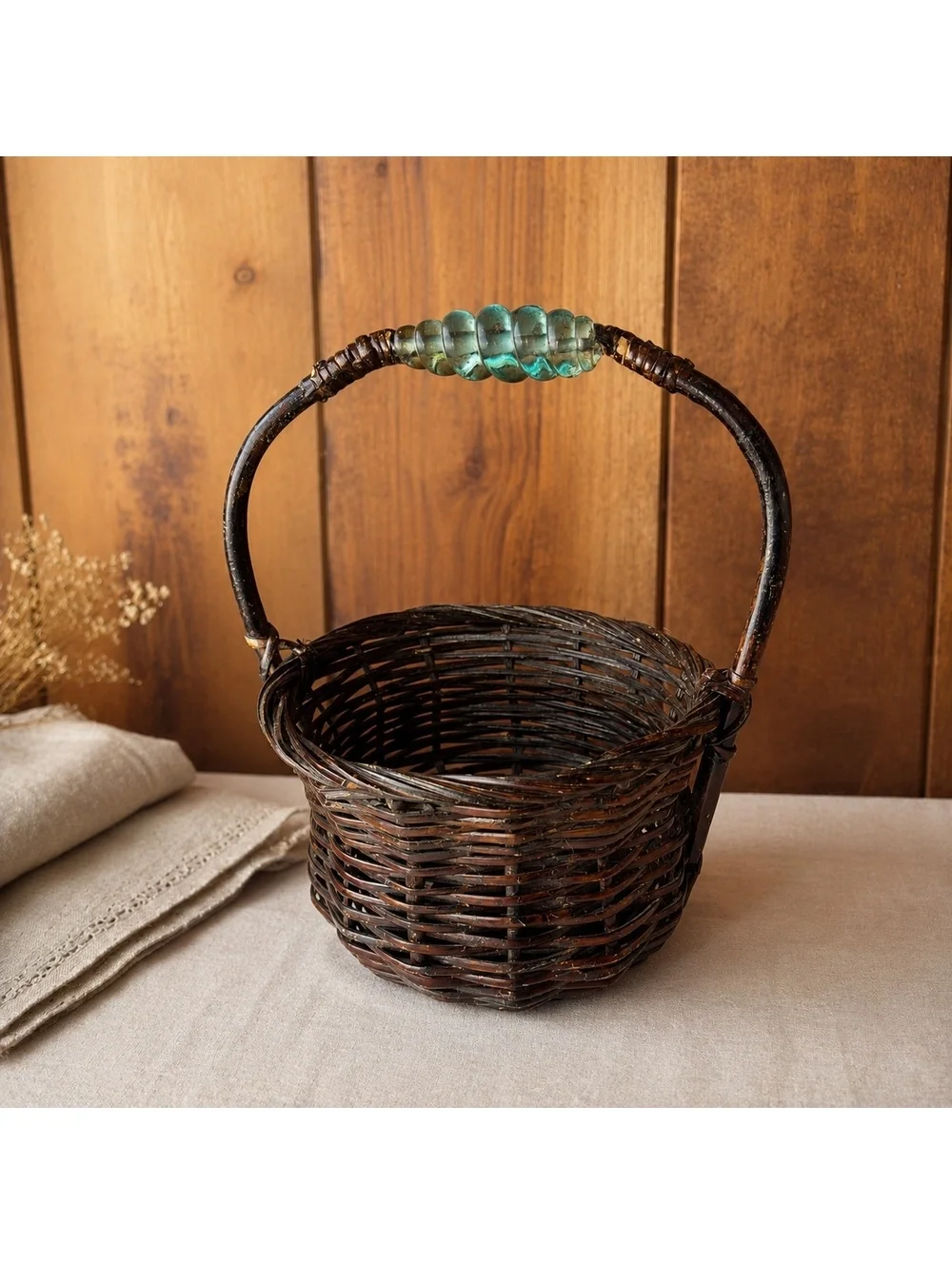 Vintage Wicker Basket Glass Handle Accent Dark Brown Woven Rustic Boho Decor